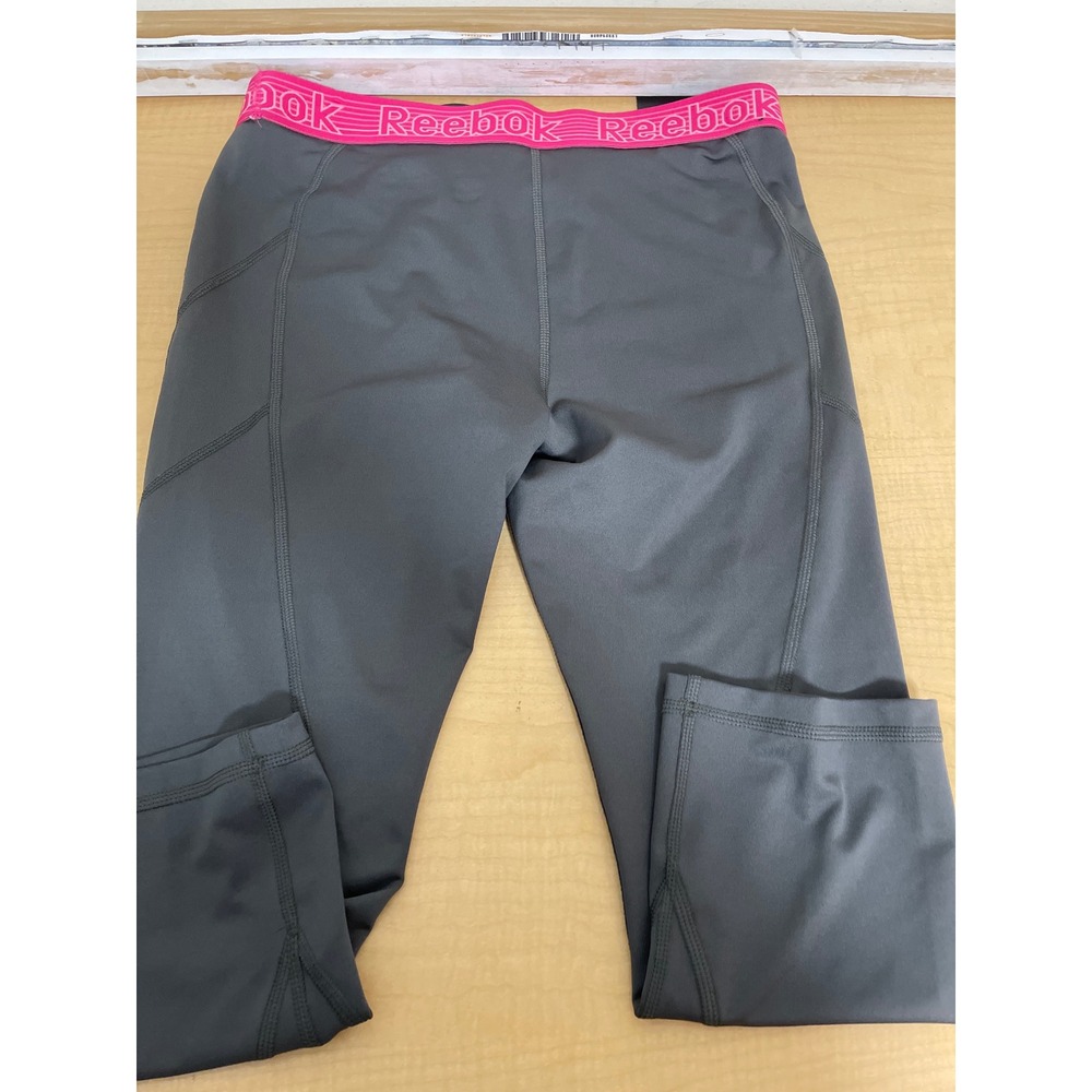 Reebok Womens Gray Cropped Leggings Pink Logo Waistband Size Medium
